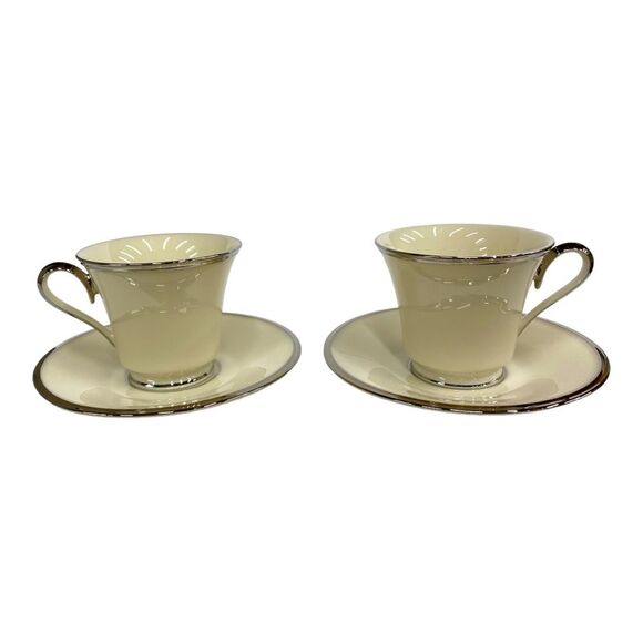 Set of Two Lenox Solitaire Teacup and Saucer in Ivory with Platinum Silver Rim - Picture 7 of 11